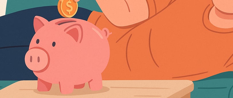 Ilustrasi seorang anak muda menyisihkan uang ke dalam celengan sambil rebahan