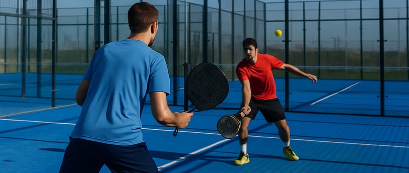 Two padel players mid-rally on an outdoor blue court - Playtomic Level Guide