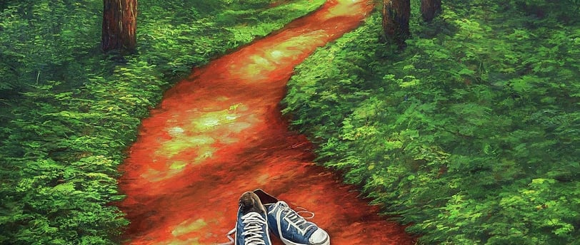 a pair of sneakers with a pair of sneakers on a path