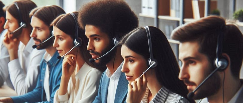 a group of people sitting at a table with headsets and headsets