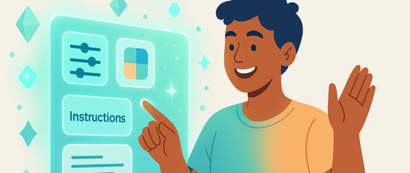 Persona sonriente interactuando fácilmente con una interfaz digital para crear su asistente de IA.
