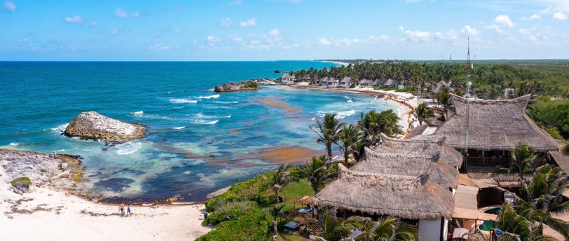 Aerial Tulum coastline by the beach