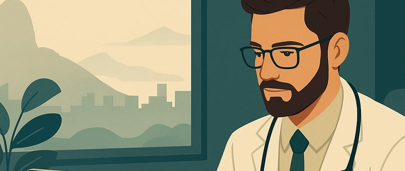 Médico de jaleco usando notebook em consultório moderno, com gráficos de crescimento