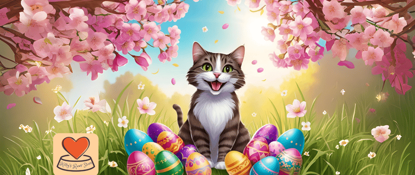 happy cat surrounded by colourful easter eggs at Kitty's rawr store