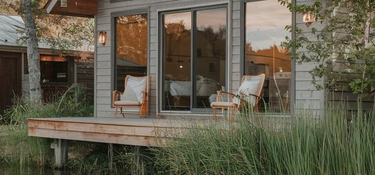 a modern airbnb on a lake showing the back porch