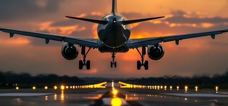 a plane taking off from the runway at sunset