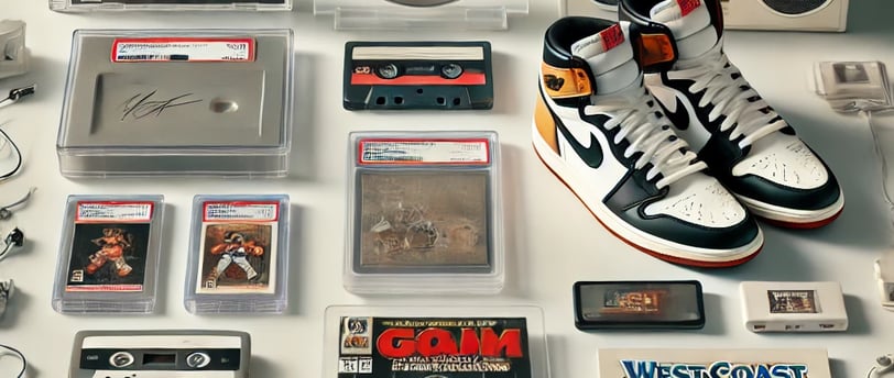 Flat lay of popular collectibles including a vinyl record, trading card, high-top sneakers, retro vi