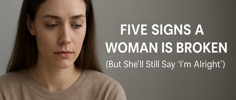 Thoughtful woman in sweater looking down, with blog text about hidden emotional pain and mental health awareness in woman