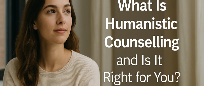 Calm woman sits thoughtfully by a window. Text reads: What Is Humanistic Counselling and Is It Right for You?
