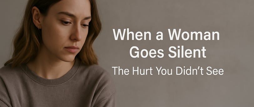 Solemn young woman in a taupe sweater looks down, with blog title “When a Woman Goes Silent: The Hurt You Didn’t See”