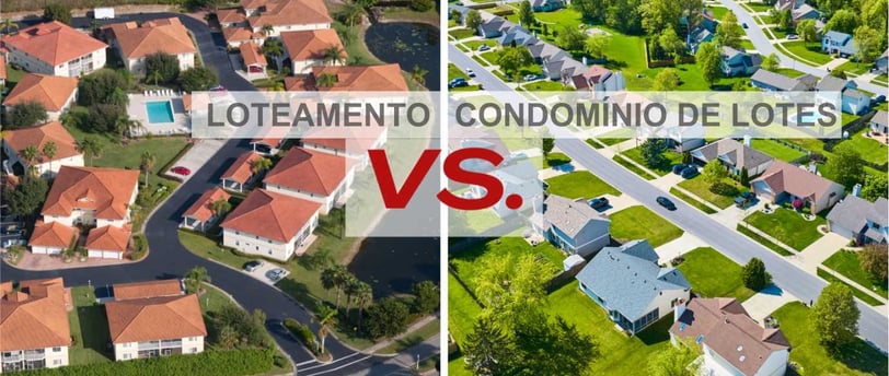 Imagem comparativa de um loteamento e um condomínio de lotes