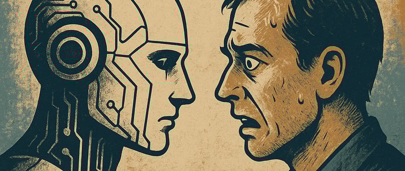 A digital illustration showing a solitary human facing an AI/robotic figure.