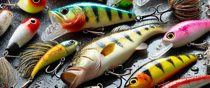 close-up image of various bass fishing lures displayed on a wet surface. The lures include swimbaits, poppers, crankbaits, an