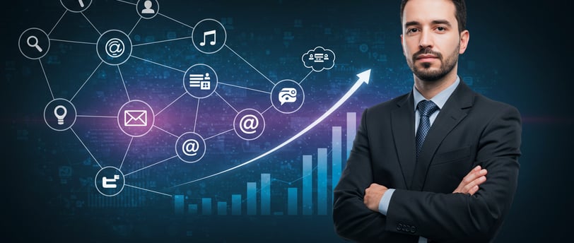 A sales leader standing in front of an image showing a network of interconnected digital icons