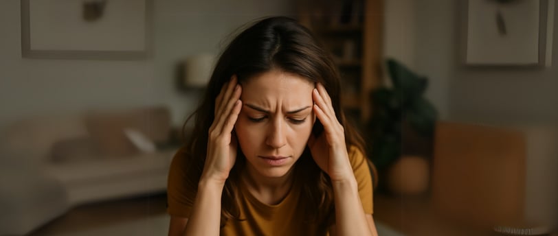 A young woman pausing with her eyes closed, reflecting calm and mindfulness — representing stress management and mental clari