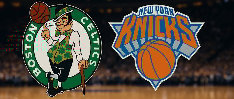 Emblemas do Boston Celtics e do New York Knicks em destaque, com uma arena ao fundo