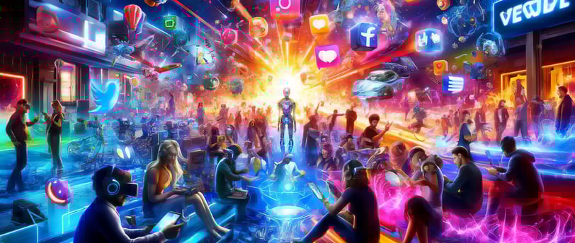 2024 media landscape with VR, gaming consoles, AI robots, and diverse users, symbolizing the future of digital entertainment.