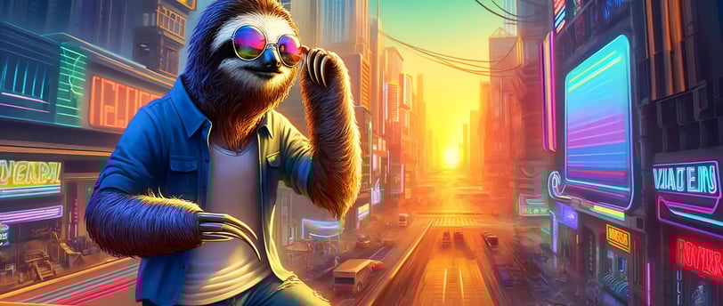 Anthropomorphic sloth in a vibrant, futuristic city adapting to new consumer trends.