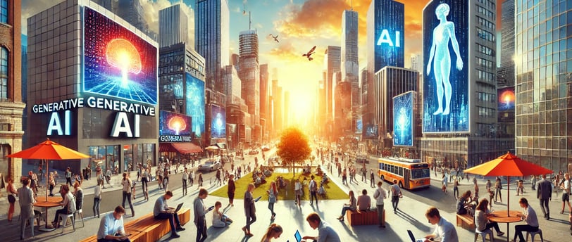 Panoramic summer scene showing Generative AI's impact in 2024. Features a vibrant cityscape with AI technology in daily life.