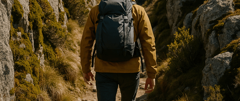 Homem realizando trekking em montanha