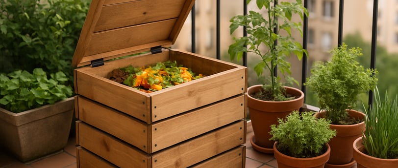 Composteur compact installé sur un balcon, entouré de plantes en pots.