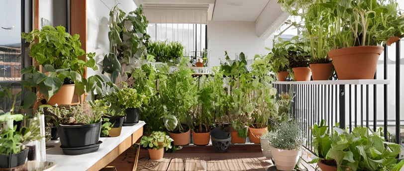 Balcon urbain avec des plantes résistantes dans des pots en terre cuite