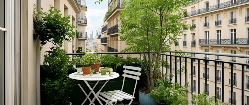 Balcon encombré avec plantes mal entretenues et pots cassés, illustrant les erreurs de jardinage.