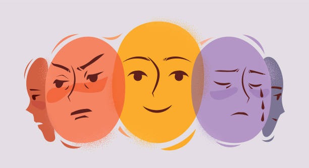 Ilustração de cinco faces humanas representando as diferentes emoções que temos