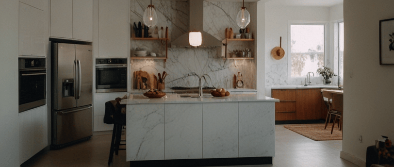 a kitchen with a marbled counter top and a large window