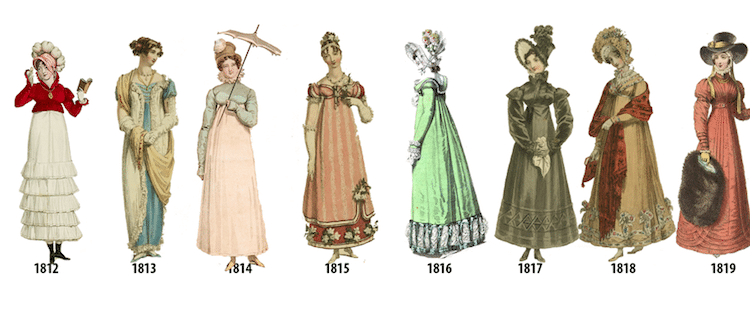 a group of women's dresses and hats in the 1800s - era