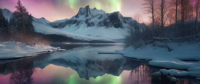 a mountain scene with a lake and a mountain in the background