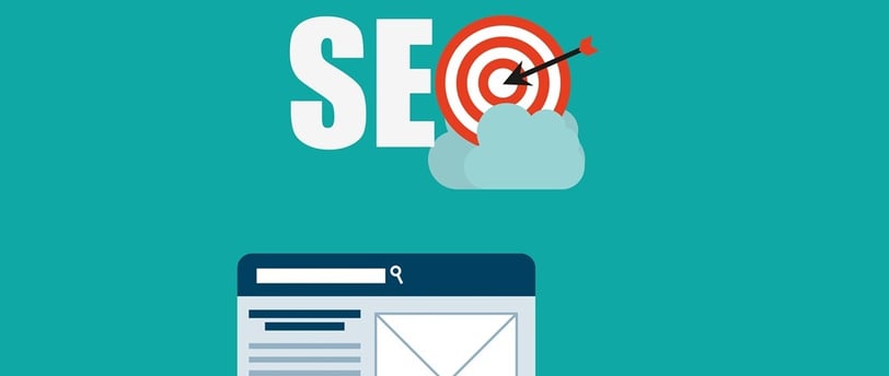 Palavra "SEO" com símbolo de alvo e ícone de página de texto