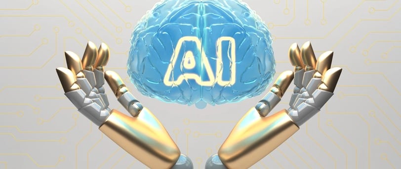 Mãos de robô segurando cérebro com a sigla "AI"