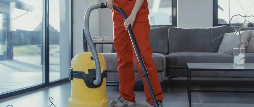 a woman in overalls and overalls cleaning a house