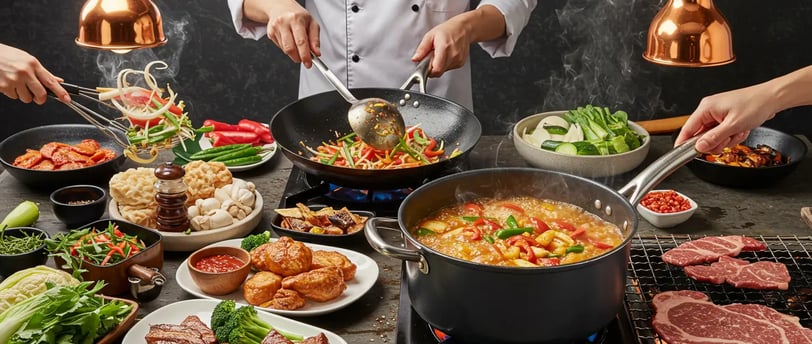 Chef cooking stir-fried vegetables, grilled meat, and soup in a busy kitchen.