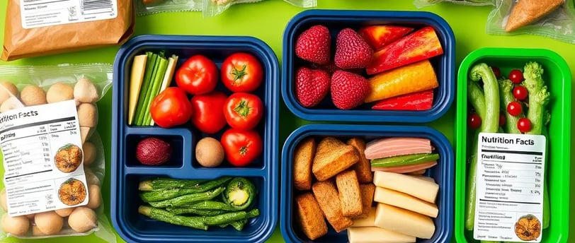 Meal prep containers and food packages with visible nutritional labels.