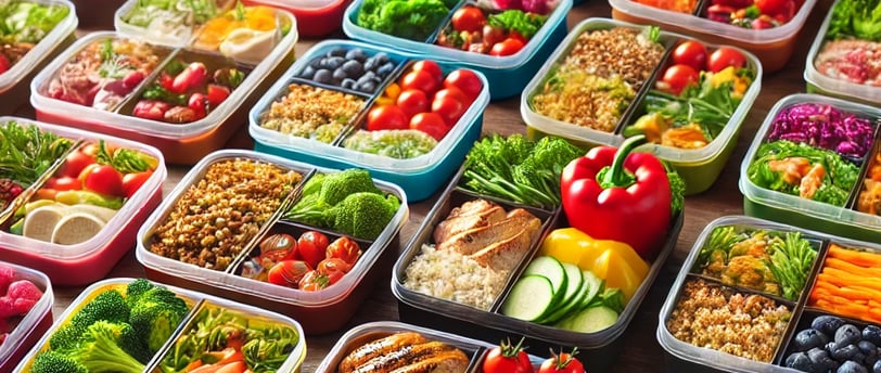 Colorful meal prep containers filled with balanced meals on a wooden table.