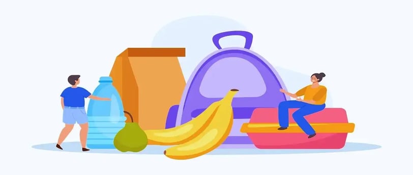 Illustration of meal prep essentials: lunchbox, backpack, water bottle, and fruits