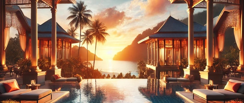 Imagem de hotel de luxo com piscina de borda infinita e um por do sol maravilhoso