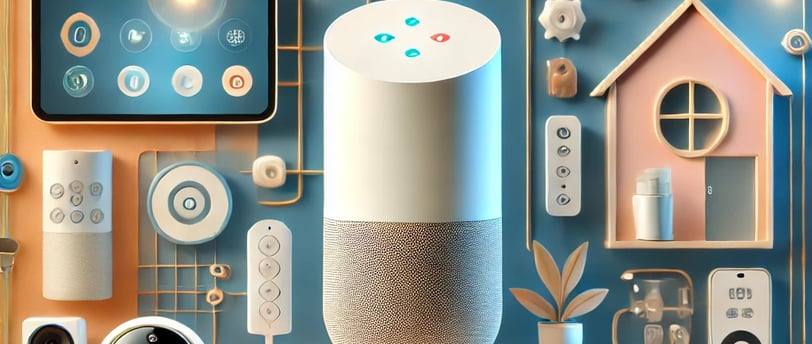 Elementos eletrônicos que tornam a casa inteligente dispostos em um fundo azul e laranja