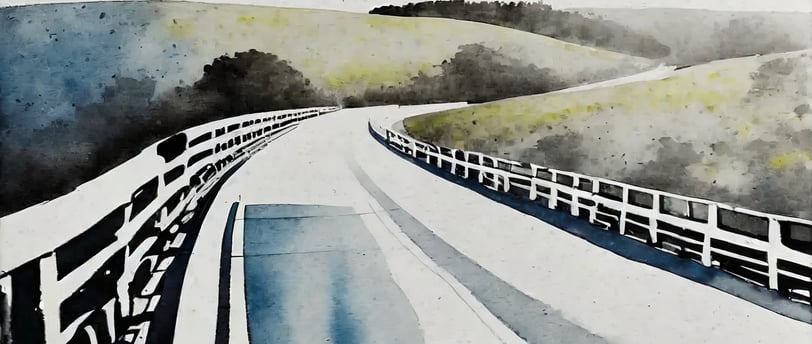 A painting of a bridge with gaurdrails.