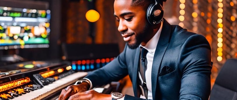 a man in a suit and headphones playing music on a keyboard
