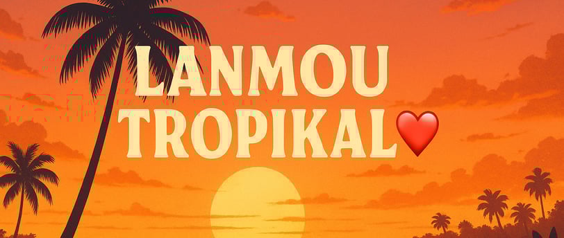 image d'une plage couché de soleil orangé ou il est écris Lanmou Tropikal