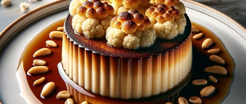 lejra dessert with cauliflower cake and pine nuts on a plate