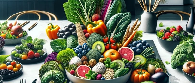 lejra healthy eating table with a bowl of fruit and vegetables