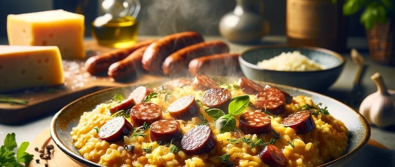 lejra plate of food with sausages and cheese risotto
