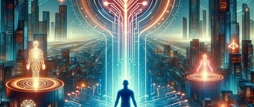 a man standing in front of a city skyline