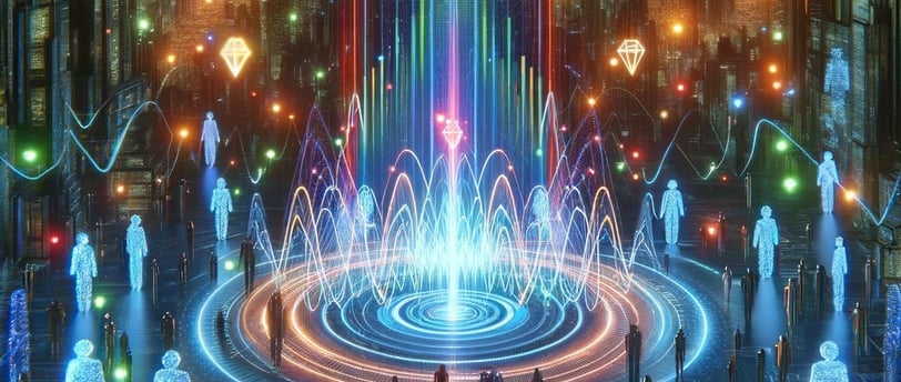 a cityscape of people standing around a fountain