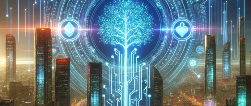 a cityscape with a tree growing from a tree