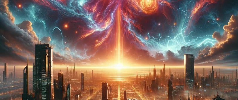 a city skyline with a giant explosion of light and a giant explosion of light